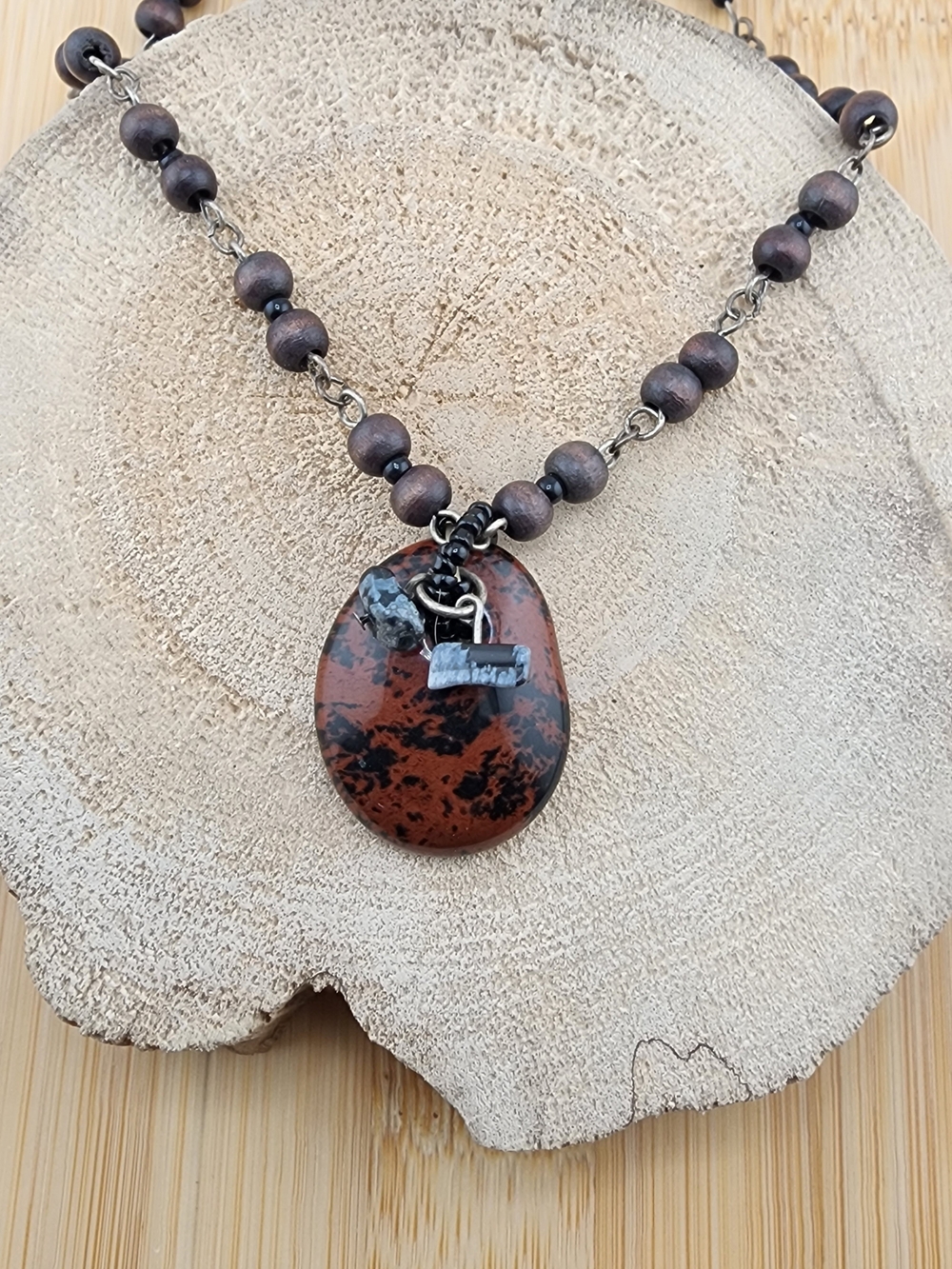 19in Adjustable Handcrafted Brown and Black Stone Pendant Necklace